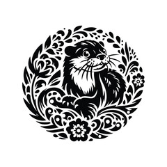 otter in folk art black and white silhouette illustration -