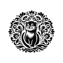 Fototapeta premium otter in folk art black and white silhouette illustration -