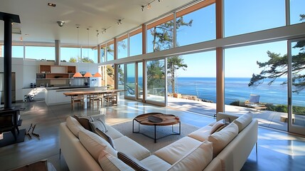 Modern home with windows all around providing amazing ocean views
