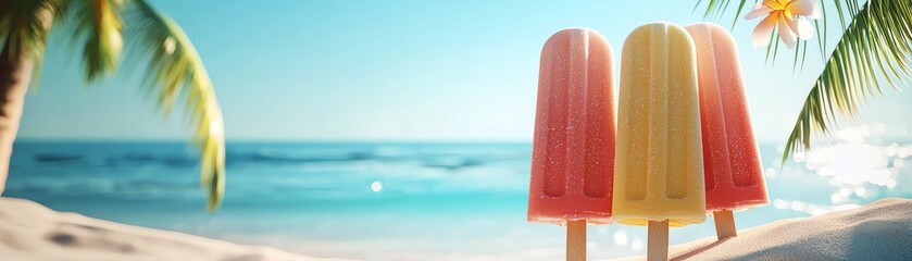 Vibrant popsicles on sandy beach with ocean view, perfect for summer fun and refreshing treats under the palm trees.