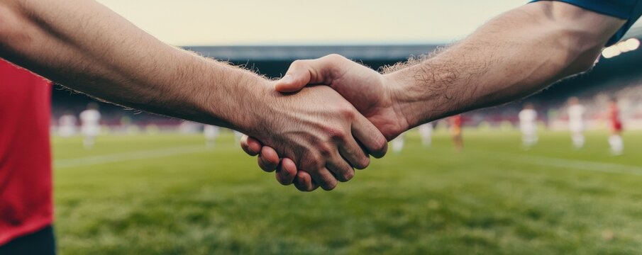 Two individuals shaking hands on a sports field, symbolizing agreement and teamwork in a competitive environment.