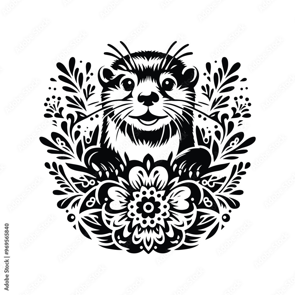 Wall mural otter in folk art black and white silhouette illustration -