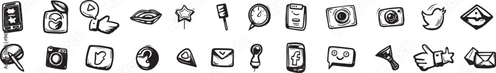 Poster hand drawn social media icon set blog website design elements like share follow comment symbol sketc