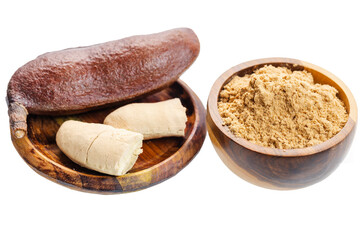 Carob, guapinol (hymenaea courbaril), a very popular fruit in Colombia, isolated on a white background