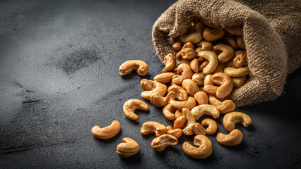 Fototapeta premium Roasted cashew nuts spilling from a burlap sack onto a dark surface, highlighting their golden color and crunchy texture.