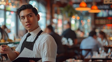 Fototapeta premium Waiter taking an order in a bustling restaurant, with customers dining in the background and warm ambient lighting enhancing the cozy atmosphere.