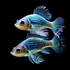 Fototapeta premium Two colorful fish swimming gracefully against a black background.