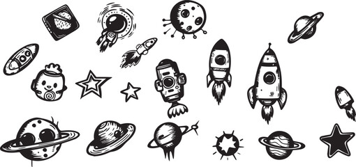 Hand Drawn Space Doodle Elements Rockets Planets Stars Spaceships Astronaut Galaxy Exploration Universe Celestial Cosmic Clipart Illustration Set Black and White Design Elements for Prints Tattoos