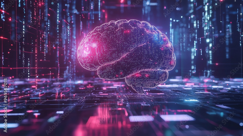 Poster a digital brain in a virtual environment, symbolizing artificial intelligence and data processing.