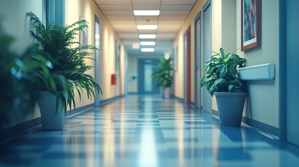 Obraz premium Empty hospital hallway with plants. Perfect for healthcare, medical, or hospital themes.