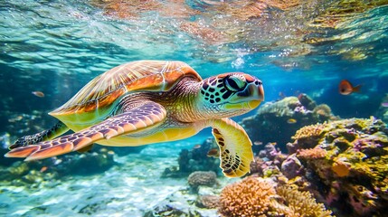 Fototapeta premium An underwater paradise with colorful coral reefs, graceful sea turtles, and a rainbow of fish swimming through crystal-clear water