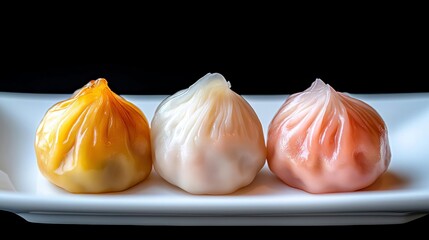 Obraz premium Dumpling Trio, watercolor style, pastel shades, three flavors, white background, subtle details, artistic food presentation