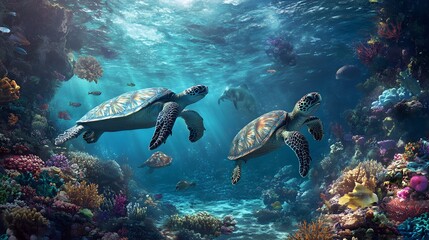 Fototapeta premium An under-the-sea world with a vibrant coral reef, sharks patrolling the depths, and sea turtles floating gracefully through the water