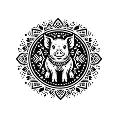 Pig in bohemian black and white silhouette illustration -