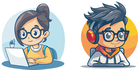 Cute Cartoon Students Working And Studying On Laptops Online Education And Gaming Concept With Headphones And Backpacks Illustration