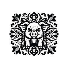 Obraz premium Pig in folk art black and white silhouette illustration -