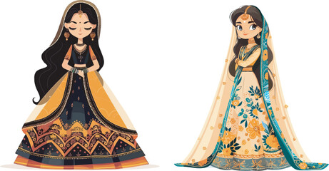 Two Beautiful Indian Women in Traditional Dresses Lehenga Choli Saree Cultural Attire Fashion Illustration India South Asian Ethnicity Festive Celebration Diwali Wedding Elegance Beauty