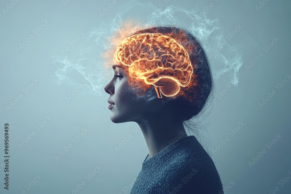 Poster neurotransmission neurophotonics cortical and connectome womans side profile with glowing neural bra