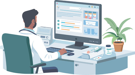 Doctor using desktop computer for online consultation medical healthcare technology online pharmacy prescription telehealth telemedicine online appointment hospital clinic illustration