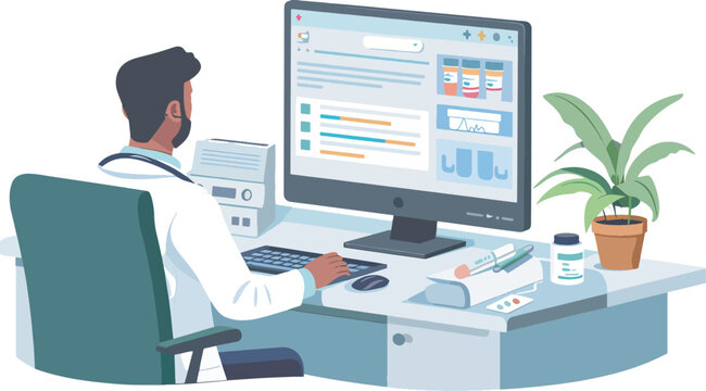 Doctor using desktop computer for online consultation medical healthcare technology online pharmacy prescription telehealth telemedicine online appointment hospital clinic illustration