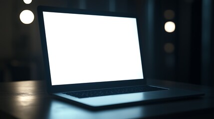 Laptop with Blank White Screen in Dimly Lit Room