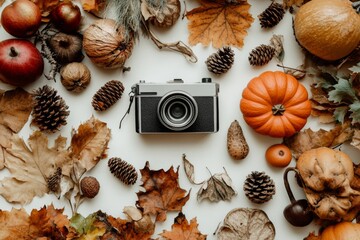 a retro photo camera autumn flat lay with pumpkins, pinecones and red and yellow orange fall...