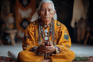 Elder Native American shaman holding a ceremonial pipe