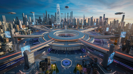 A 3D model of a futuristic city with flying cars, towering skyscrapers, and a massive central hub with a large circle of tracks for high-speed trains. The central hub is surrounded by the city.