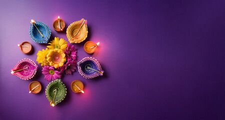 Beautiful clay diya lamps with flowers on purple background Generativ