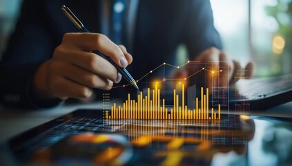 Businessman using a tablet to draw a graph of financial growth data visualization and analytics for market trends or business performance for big data marketing concept with a pie chart Generative AI