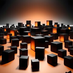 Artistic image of 3D black cubes with selective orange lighting that gives a sense of mystery and innovation
