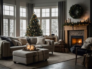 Cozy living room with a Christmas tree and Boxing Day sale flyers on the table.