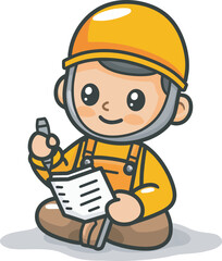 Fototapeta premium Cute Construction Worker Character Checking Checklist Illustration For Business Building Engineering Contractor Architecture Occupation Labor Day Cartoon Mascot Icon Logo Avatar