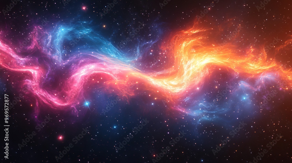 Wall mural vector design of an abstract galaxy with swirling stars and nebulae in bright neon colors creating a