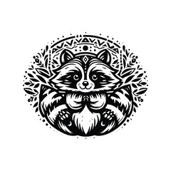 Raccoon in bohemian black and white silhouette illustration -