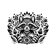 Raccoon in folk art black and white silhouette illustration -