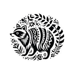 Raccoon in folk art black and white silhouette illustration -