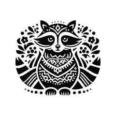 Fototapeta premium Raccoon in folk art black and white silhouette illustration -