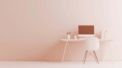 Minimalist desk with computer in soft pastel peach tones