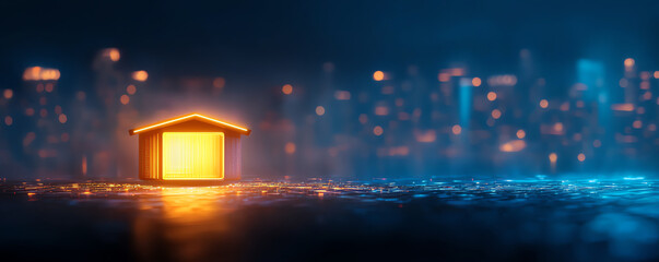 A glowing house stands alone amidst a blurred cityscape at night, symbolizing warmth and solitude in a modern world.