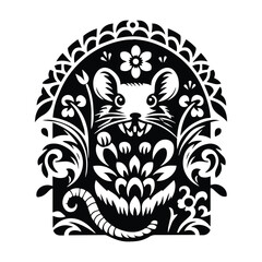 rat in folk art black and white silhouette illustration -