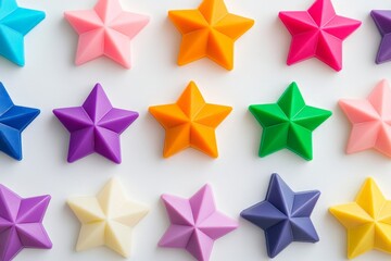 Obraz premium Colorful 3D Star Pattern on White Background: Vibrant Pastel Plastic Shapes for Creative Design and Decoration