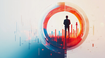 Abstract business man stands on the peak of success amid tall, innovative Smart city and graphs with statistics to analyze business potential and predict future developments in company growth.	