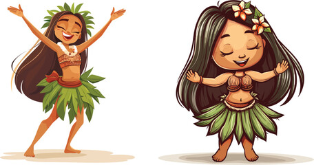 Two Happy Hawaiian Girls Dancing Hula Dance in Traditional Floral Costumes with Tropical Flowers and Palm Leaves Cartoon Style Vector Illustration Isolated on White Background