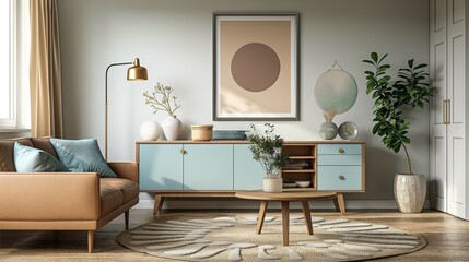 Home room interior with cozy sofa and cabinet drawer