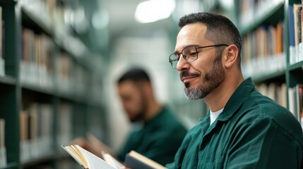 A focused man reading a book in a library, surrounded by shelves of books, illustrating the joy of learning and exploration.