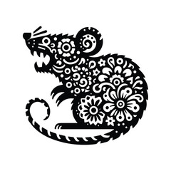 rat in folk art black and white silhouette illustration -