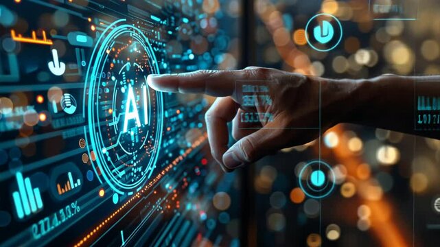 AI at Your Fingertips: A close-up shot of a hand interacting with a futuristic AI interface, symbolizing the power and potential of artificial intelligence. 