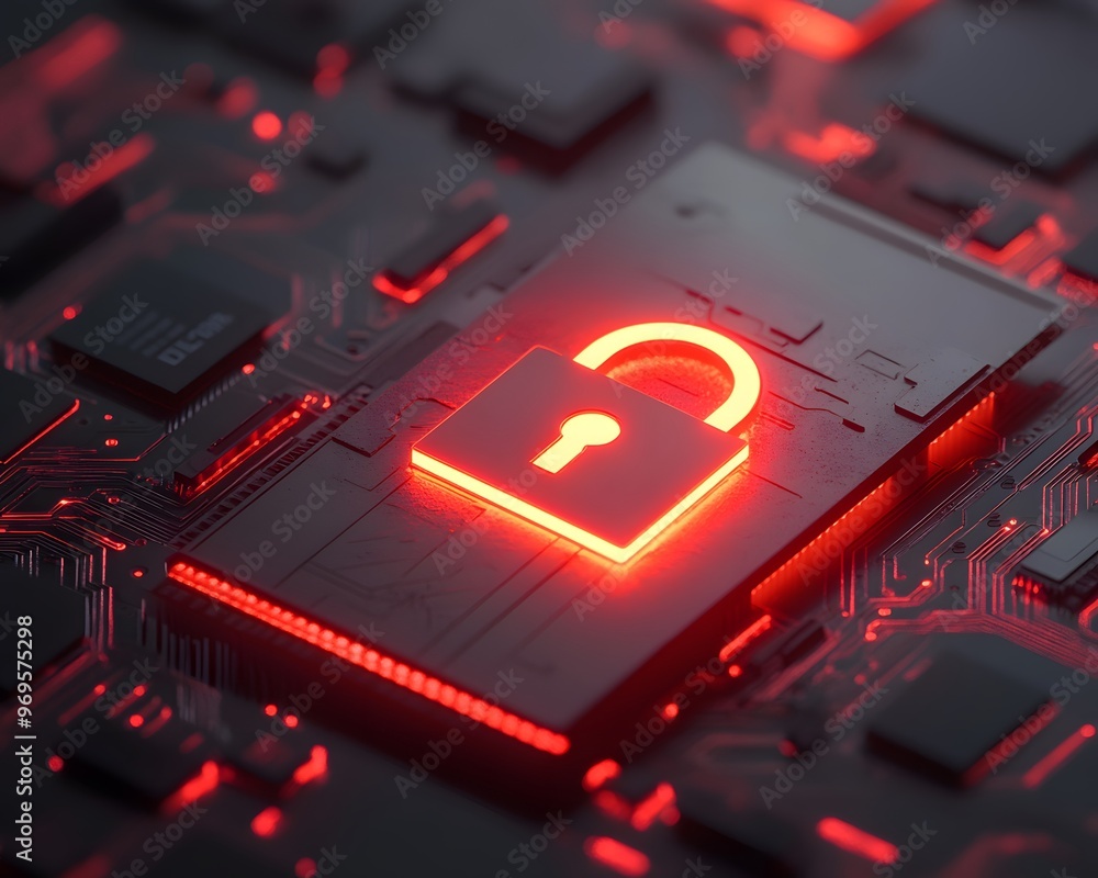 Poster abstract representation of digital security with a glowing red padlock on a circuit board background