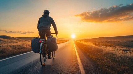 Cyclist riding through the countryside on a bike at sunset